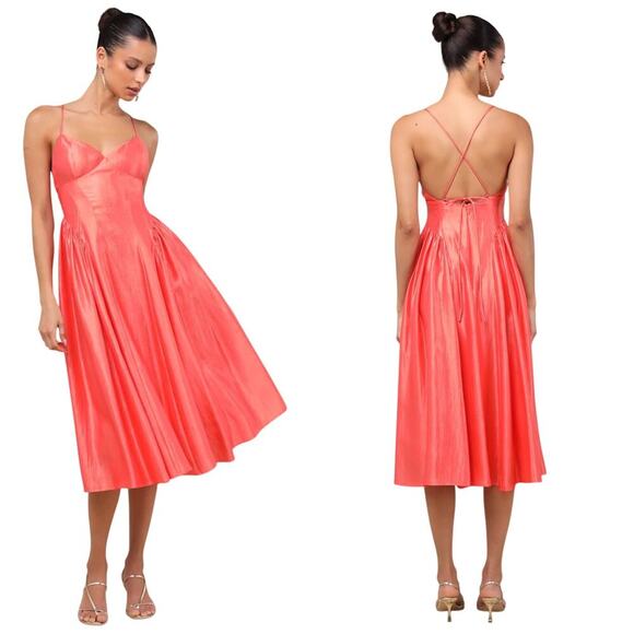 Lulus Dresses & Skirts - Lulus Paride Shiny Coral Gathered Lace-Up Midi Dress size Medium NWT